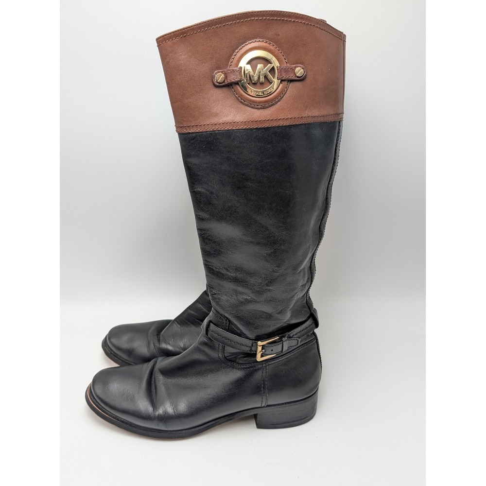 Michael Kors Riding Boots Womens 8.5 Black Brown Leather MK Logo Equestrian Zip